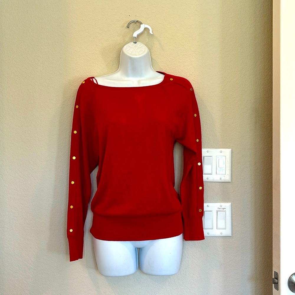 Michael Kors red sweater boat neck with gold buttons